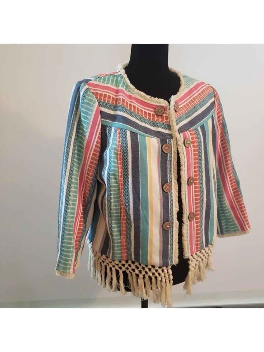 Multiples Fringe Jacket PM Colorful Striped Boho Blazer Missing 1 Button LKNW